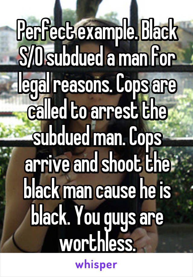 Perfect example. Black S/O subdued a man for legal reasons. Cops are called to arrest the subdued man. Cops arrive and shoot the black man cause he is black. You guys are worthless.