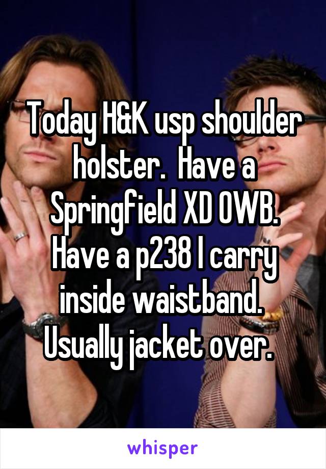 Today H&K usp shoulder holster.  Have a Springfield XD OWB. Have a p238 I carry inside waistband.  Usually jacket over.  