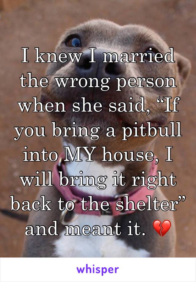 I knew I married the wrong person when she said, “If you bring a pitbull into MY house, I will bring it right back to the shelter” and meant it. 💔