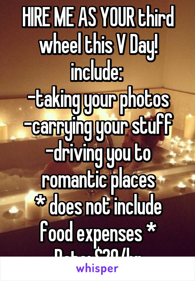 HIRE ME AS YOUR third wheel this V Day! include: 
-taking your photos
-carrying your stuff
-driving you to romantic places
* does not include food expenses *
Rate: $20/hr