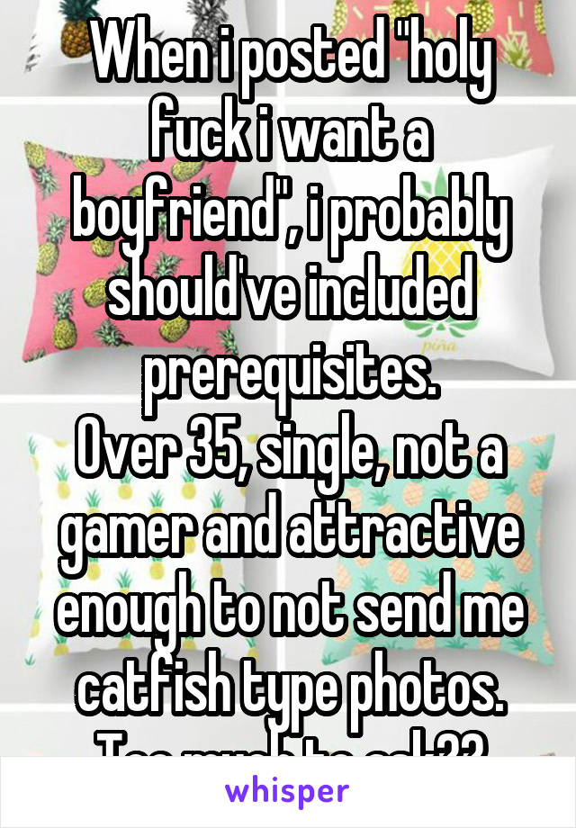 When i posted "holy fuck i want a boyfriend", i probably should've included prerequisites.
Over 35, single, not a gamer and attractive enough to not send me catfish type photos.
Too much to ask??