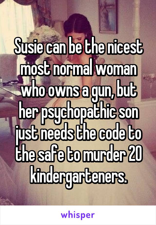 Susie can be the nicest most normal woman who owns a gun, but her psychopathic son just needs the code to the safe to murder 20 kindergarteners.