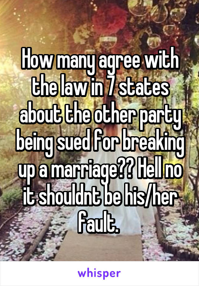 How many agree with the law in 7 states about the other party being sued for breaking up a marriage?? Hell no it shouldnt be his/her fault. 