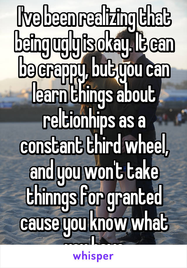 I've been realizing that being ugly is okay. It can be crappy, but you can learn things about reltionhips as a constant third wheel, and you won't take thinngs for granted cause you know what you have