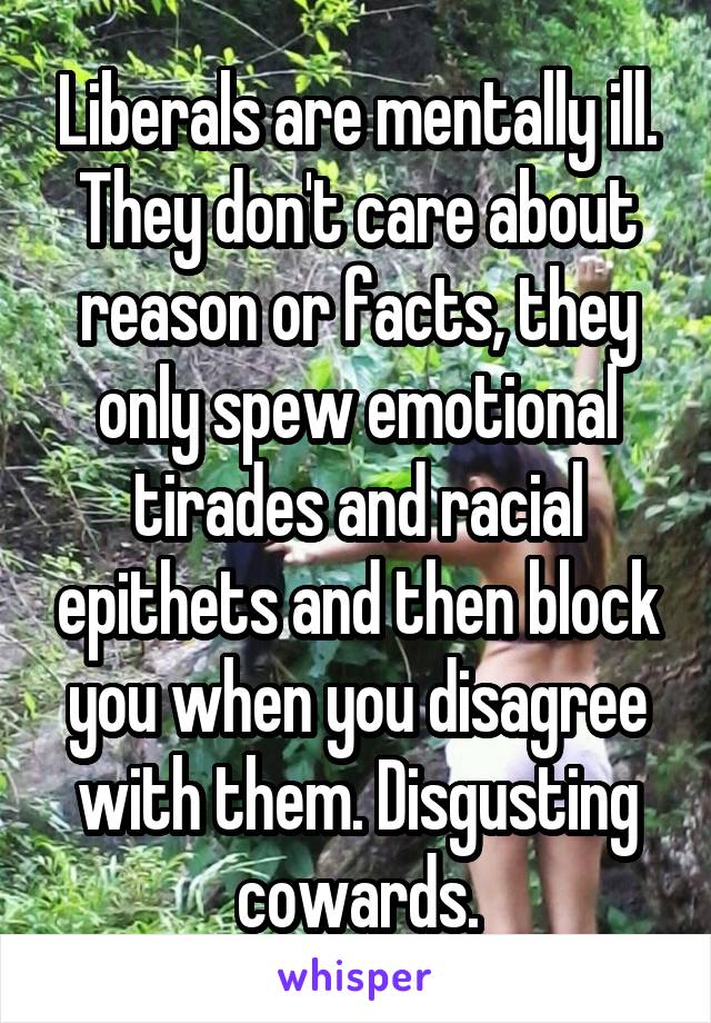 Liberals are mentally ill. They don't care about reason or facts, they only spew emotional tirades and racial epithets and then block you when you disagree with them. Disgusting cowards.