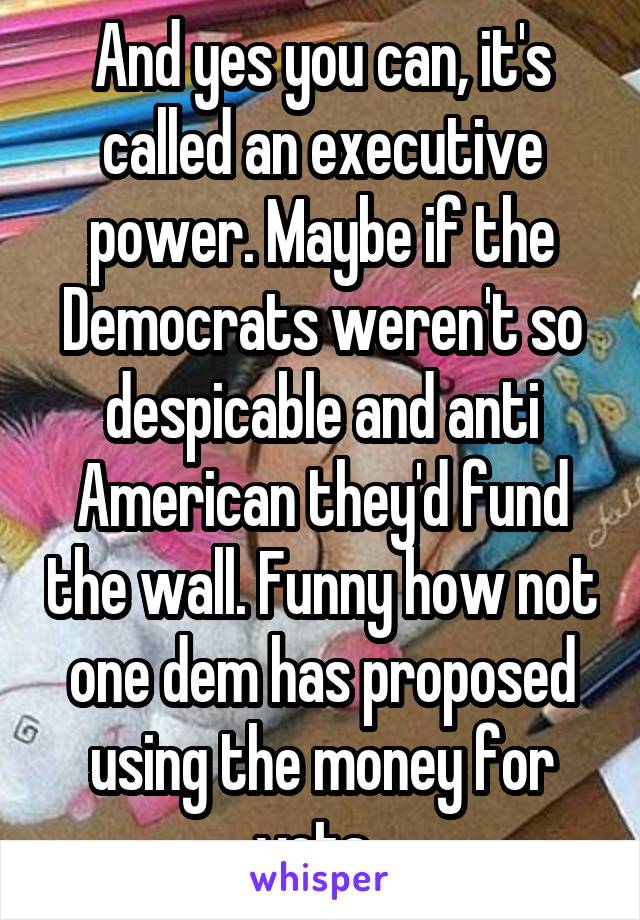 And yes you can, it's called an executive power. Maybe if the Democrats weren't so despicable and anti American they'd fund the wall. Funny how not one dem has proposed using the money for vets. 