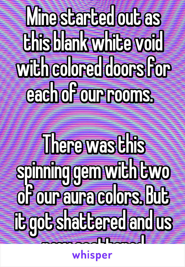 Mine started out as this blank white void with colored doors for each of our rooms.  

There was this spinning gem with two of our aura colors. But it got shattered and us now scattered