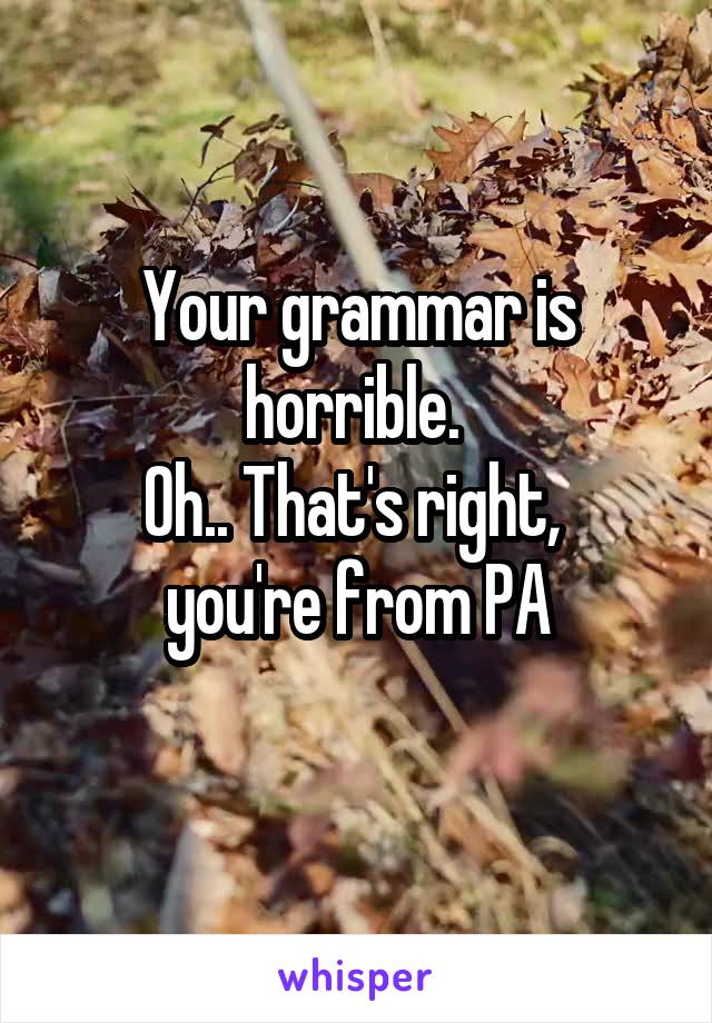 Your grammar is horrible. 
Oh.. That's right,  you're from PA
