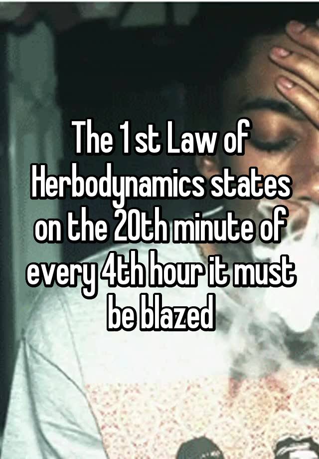 The 1 st Law of Herbodynamics states on the 20th minute of every 4th hour it must be blazed