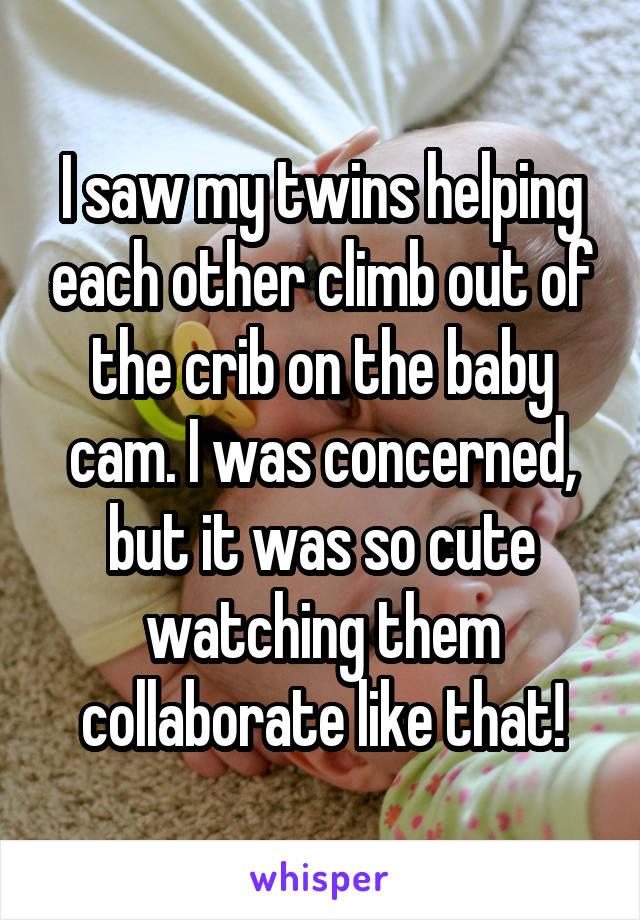 I saw my twins helping each other climb out of the crib on the baby cam. I was concerned, but it was so cute watching them collaborate like that!