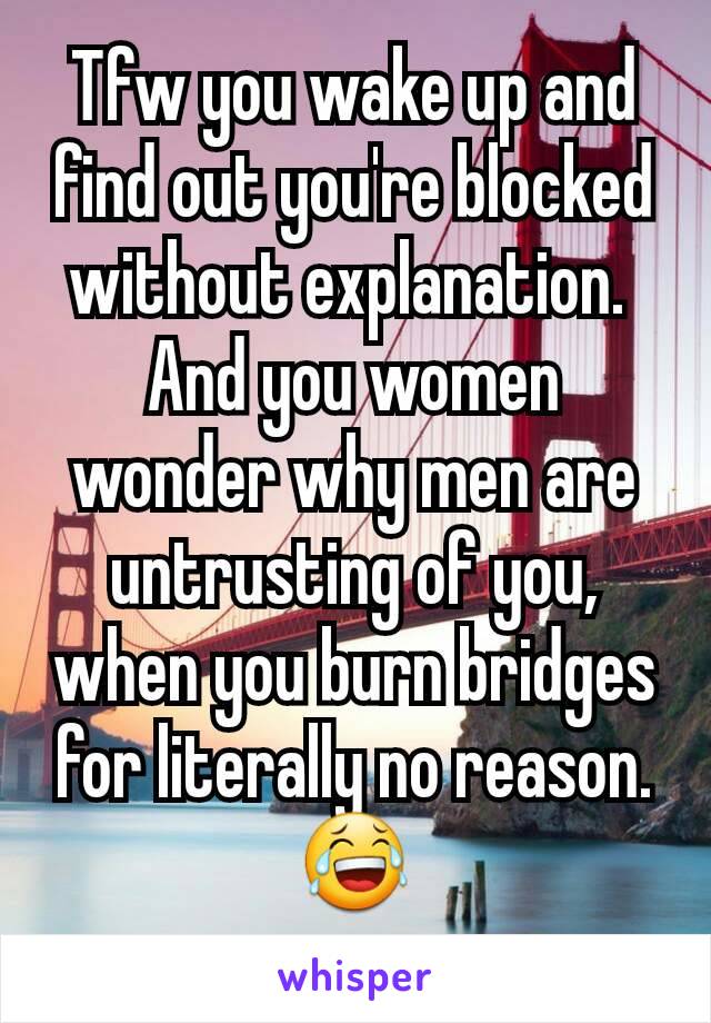 Tfw you wake up and find out you're blocked without explanation. 
And you women wonder why men are untrusting of you, when you burn bridges for literally no reason.
😂