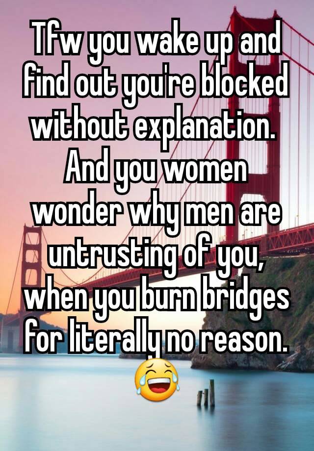 Tfw you wake up and find out you're blocked without explanation. 
And you women wonder why men are untrusting of you, when you burn bridges for literally no reason.
😂