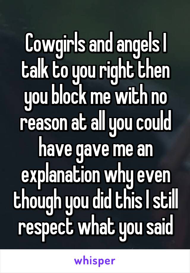 Cowgirls and angels I talk to you right then you block me with no reason at all you could have gave me an explanation why even though you did this I still respect what you said