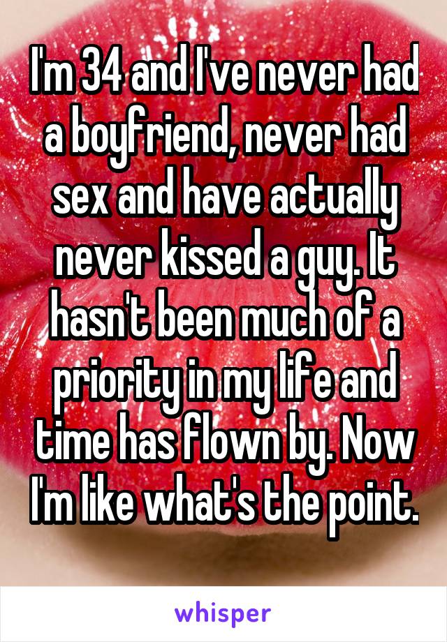 I'm 34 and I've never had a boyfriend, never had sex and have actually never kissed a guy. It hasn't been much of a priority in my life and time has flown by. Now I'm like what's the point. 