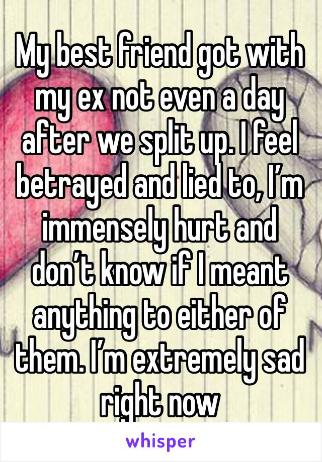 My best friend got with my ex not even a day after we split up. I feel betrayed and lied to, I’m immensely hurt and don’t know if I meant anything to either of them. I’m extremely sad right now 