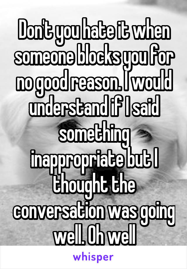 Don't you hate it when someone blocks you for no good reason. I would understand if I said something inappropriate but I thought the conversation was going well. Oh well