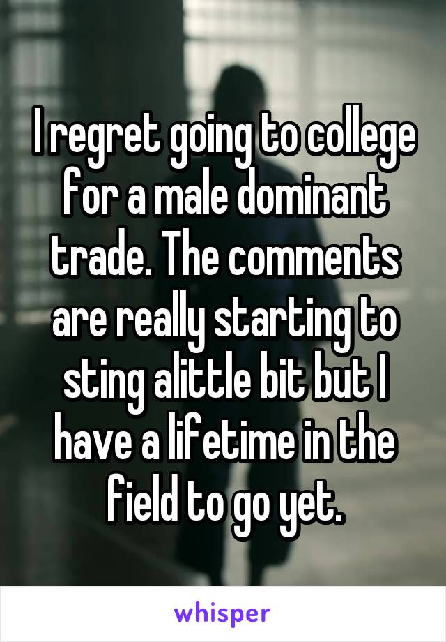 I regret going to college for a male dominant trade. The comments are really starting to sting alittle bit but I have a lifetime in the field to go yet.
