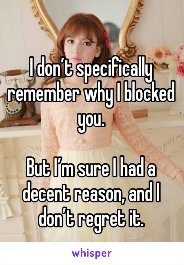 I don’t specifically remember why I blocked you.

But I’m sure I had a decent reason, and I don’t regret it.