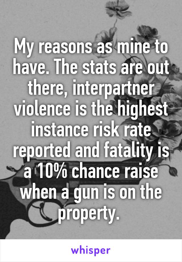 My reasons as mine to have. The stats are out there, interpartner violence is the highest instance risk rate reported and fatality is a 10% chance raise when a gun is on the property. 