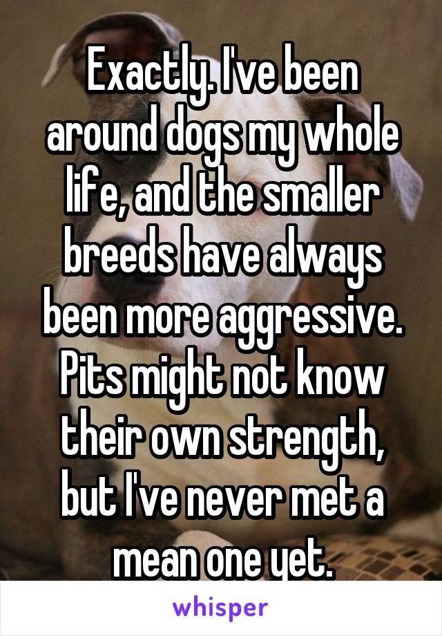 Exactly. I've been around dogs my whole life, and the smaller breeds have always been more aggressive. Pits might not know their own strength, but I've never met a mean one yet.