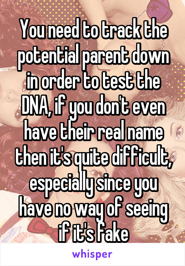 You need to track the potential parent down in order to test the DNA, if you don't even have their real name then it's quite difficult, especially since you have no way of seeing if it's fake