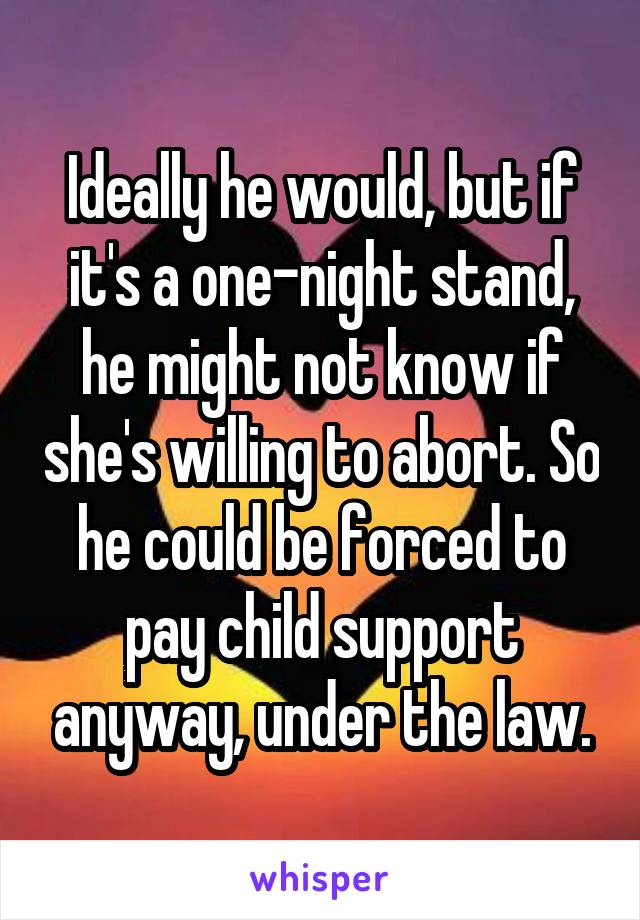 Ideally he would, but if it's a one-night stand, he might not know if she's willing to abort. So he could be forced to pay child support anyway, under the law.