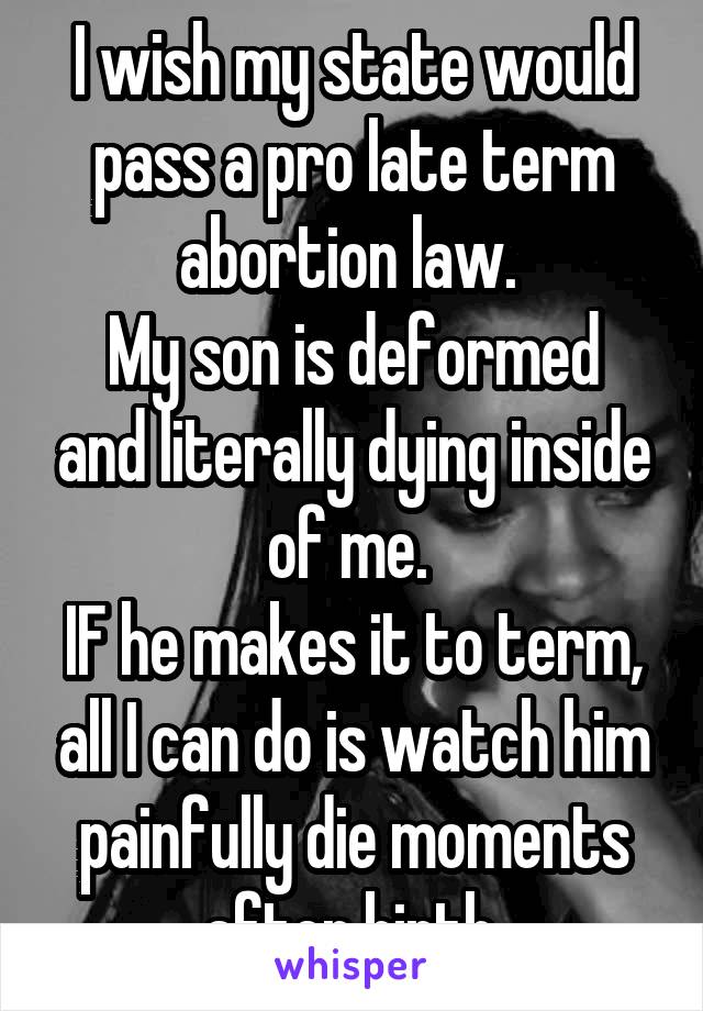 I wish my state would pass a pro late term abortion law. 
My son is deformed and literally dying inside of me. 
IF he makes it to term, all I can do is watch him painfully die moments after birth.