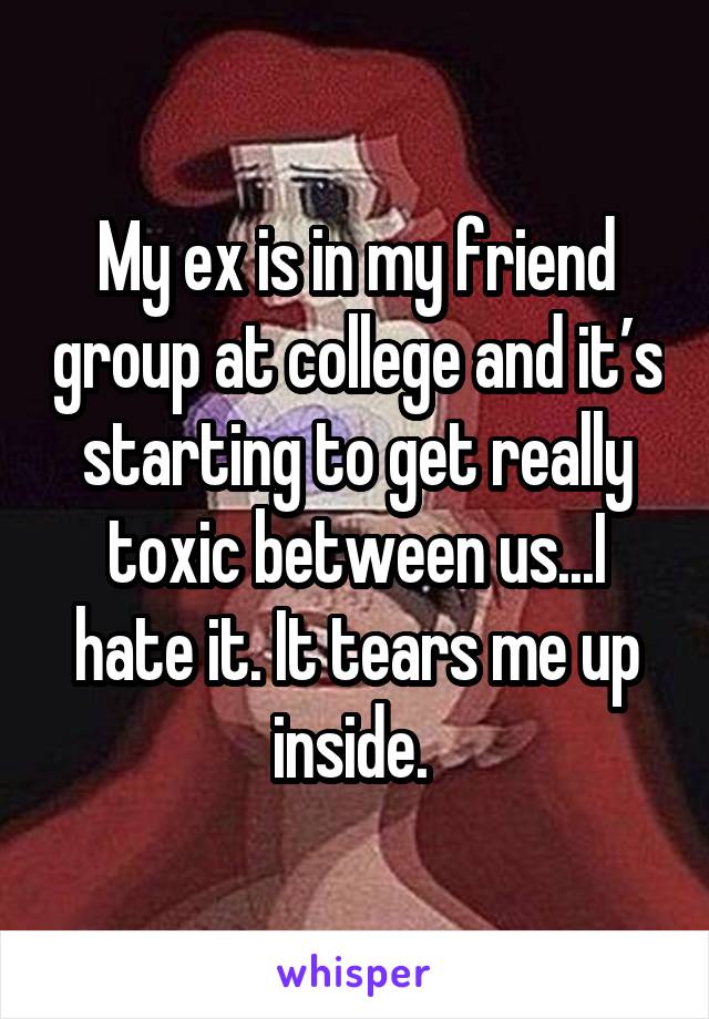 My ex is in my friend group at college and it’s starting to get really toxic between us...I hate it. It tears me up inside. 