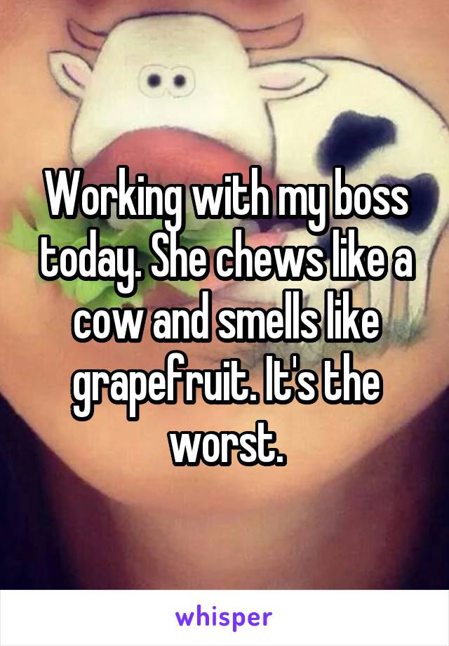 Working with my boss today. She chews like a cow and smells like grapefruit. It's the worst.