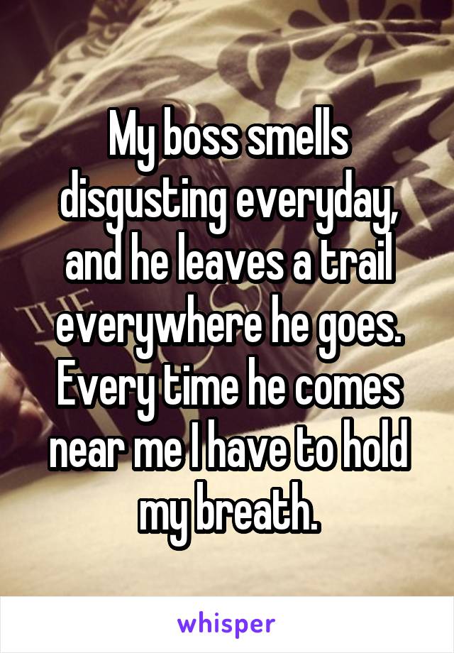 My boss smells disgusting everyday, and he leaves a trail everywhere he goes. Every time he comes near me I have to hold my breath.