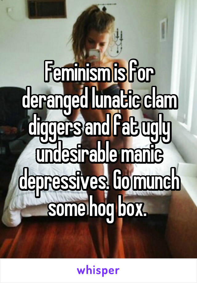 Feminism is for deranged lunatic clam diggers and fat ugly undesirable manic depressives. Go munch some hog box. 