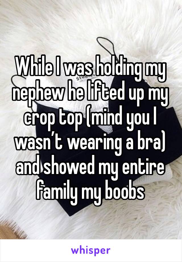 While I was holding my nephew he lifted up my crop top (mind you I wasn’t wearing a bra)  and showed my entire family my boobs 