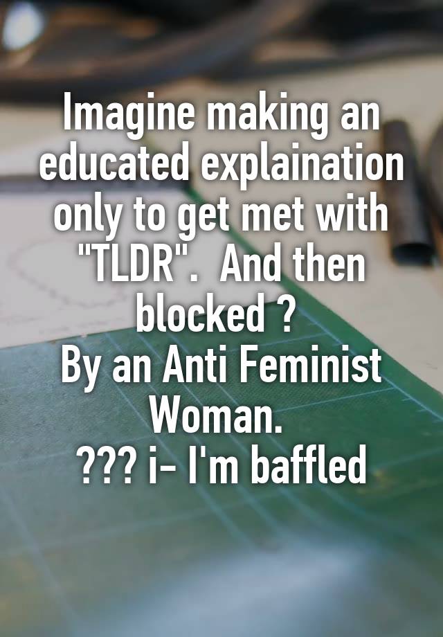 Imagine making an educated explaination only to get met with "TLDR".  And then blocked ? 
By an Anti Feminist Woman. 
??? i- I'm baffled
 