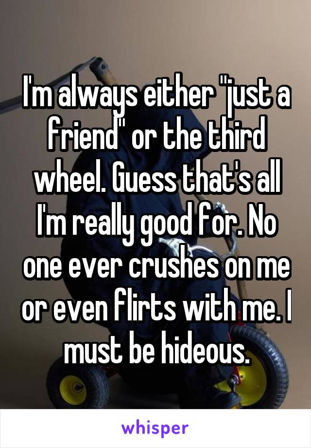 I'm always either "just a friend" or the third wheel. Guess that's all I'm really good for. No one ever crushes on me or even flirts with me. I must be hideous.