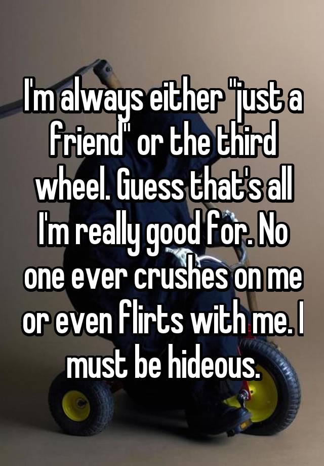 I'm always either "just a friend" or the third wheel. Guess that's all I'm really good for. No one ever crushes on me or even flirts with me. I must be hideous.