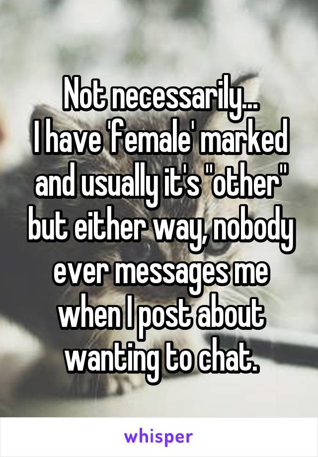 Not necessarily...
I have 'female' marked and usually it's "other" but either way, nobody ever messages me when I post about wanting to chat.