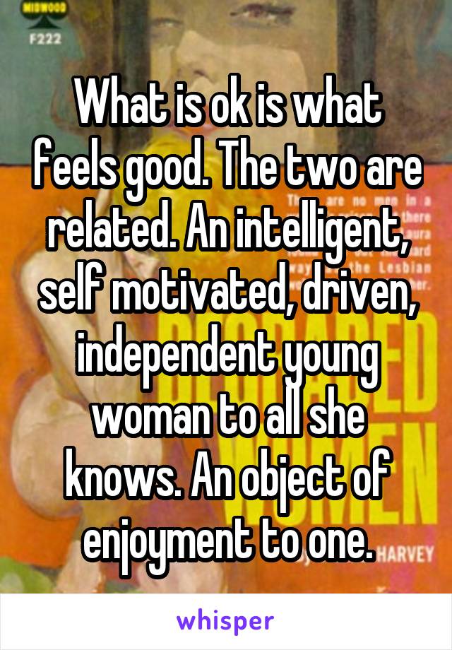 What is ok is what feels good. The two are related. An intelligent, self motivated, driven, independent young woman to all she knows. An object of enjoyment to one.