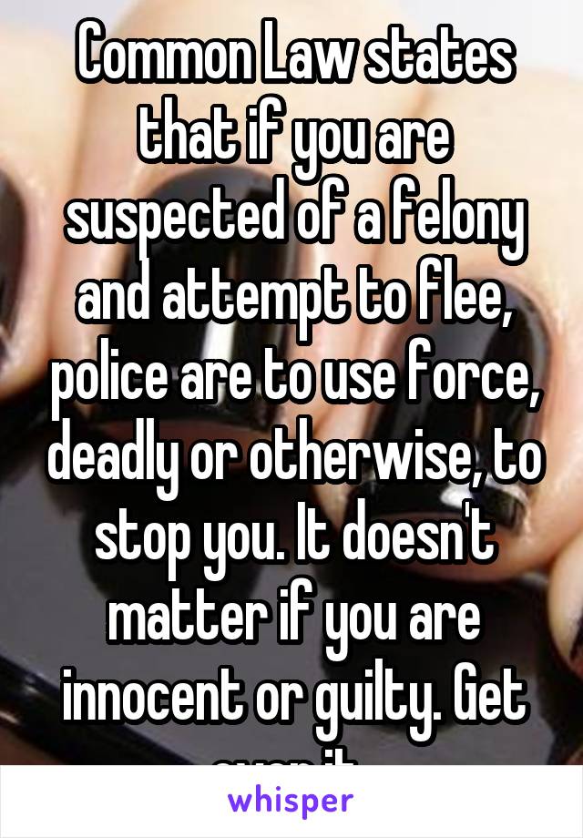 Common Law states that if you are suspected of a felony and attempt to flee, police are to use force, deadly or otherwise, to stop you. It doesn't matter if you are innocent or guilty. Get over it. 