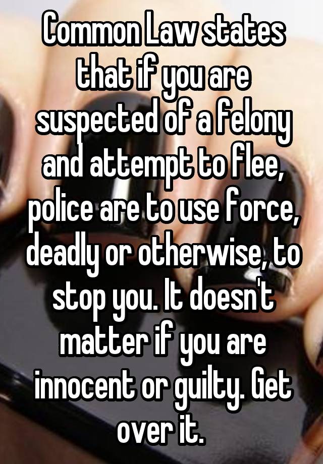 Common Law states that if you are suspected of a felony and attempt to flee, police are to use force, deadly or otherwise, to stop you. It doesn't matter if you are innocent or guilty. Get over it. 