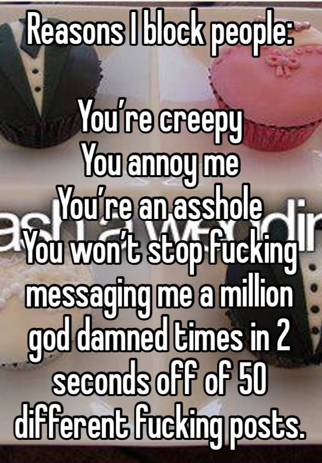 Reasons I block people:

You’re creepy 
You annoy me
You’re an asshole
You won’t stop fucking messaging me a million god damned times in 2 seconds off of 50 different fucking posts. 