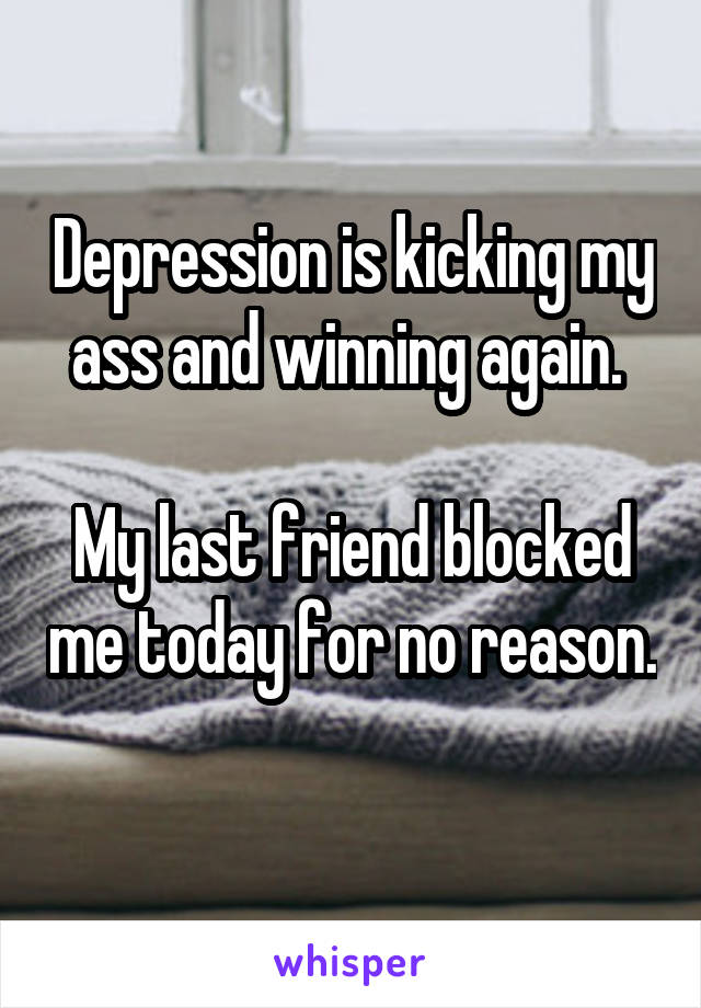 Depression is kicking my ass and winning again. 

My last friend blocked me today for no reason. 