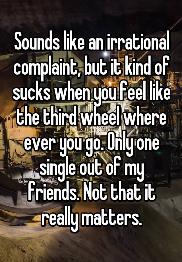 Sounds like an irrational complaint, but it kind of sucks when you feel like the third wheel where ever you go. Only one single out of my friends. Not that it really matters.