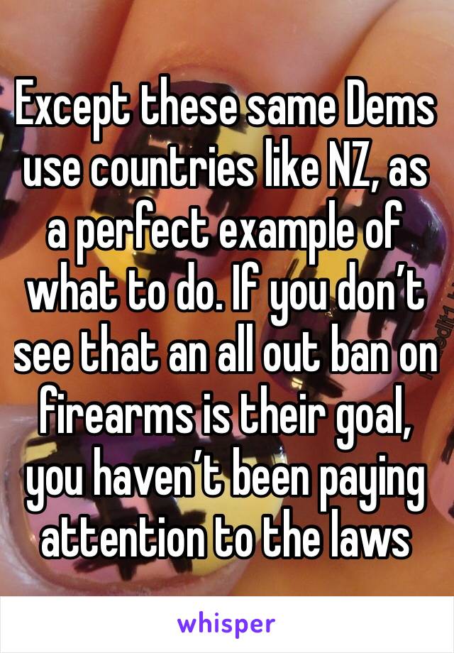 Except these same Dems use countries like NZ, as a perfect example of what to do. If you don’t see that an all out ban on firearms is their goal, you haven’t been paying attention to the laws 