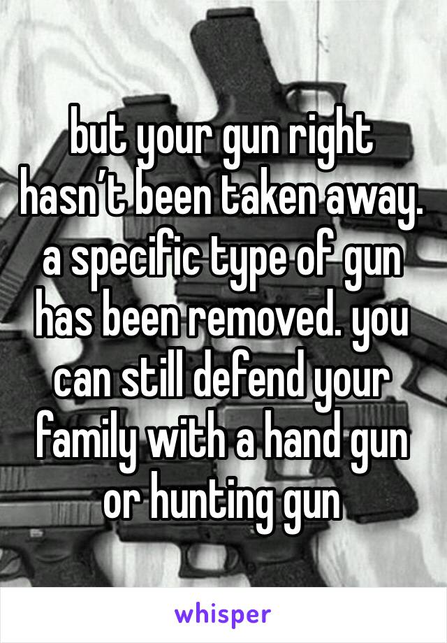 but your gun right hasn’t been taken away. a specific type of gun has been removed. you can still defend your family with a hand gun or hunting gun 