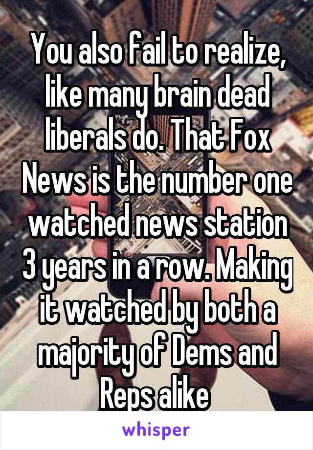 You also fail to realize, like many brain dead liberals do. That Fox News is the number one watched news station 3 years in a row. Making it watched by both a majority of Dems and Reps alike 