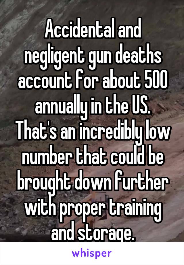 Accidental and negligent gun deaths account for about 500 annually in the US. That's an incredibly low number that could be brought down further with proper training and storage.