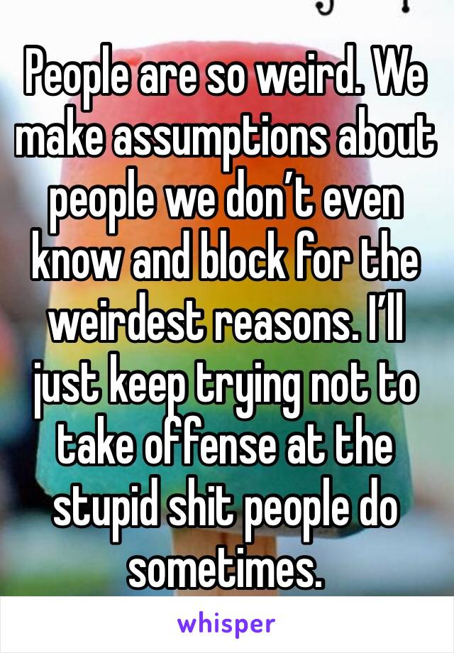 People are so weird. We make assumptions about people we don’t even know and block for the weirdest reasons. I’ll just keep trying not to take offense at the stupid shit people do sometimes.