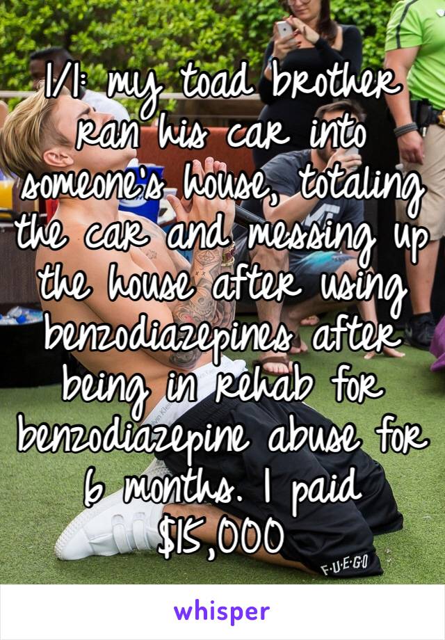 1/1: my toad brother ran his car into someone’s house, totaling the car and messing up the house after using benzodiazepines after being in rehab for benzodiazepine abuse for 6 months. I paid $15,000 