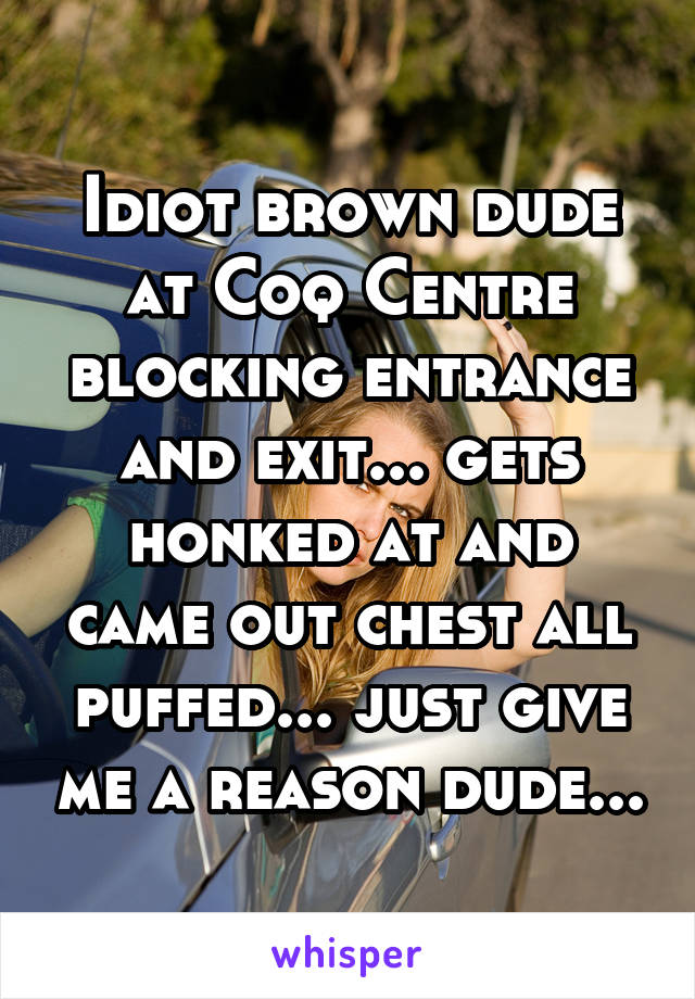 Idiot brown dude at Coq Centre blocking entrance and exit... gets honked at and came out chest all puffed... just give me a reason dude...