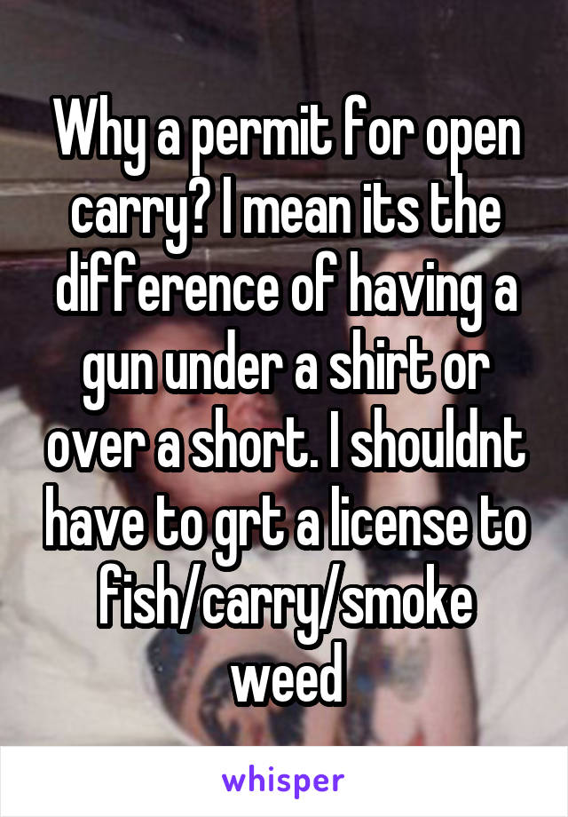 Why a permit for open carry? I mean its the difference of having a gun under a shirt or over a short. I shouldnt have to grt a license to fish/carry/smoke weed